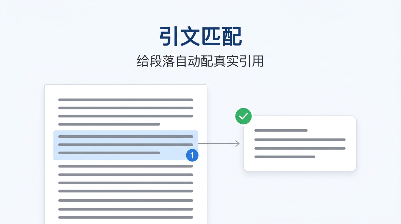 引文匹配示意:选中段落,自动匹配真实文献并在句末插入引用角标